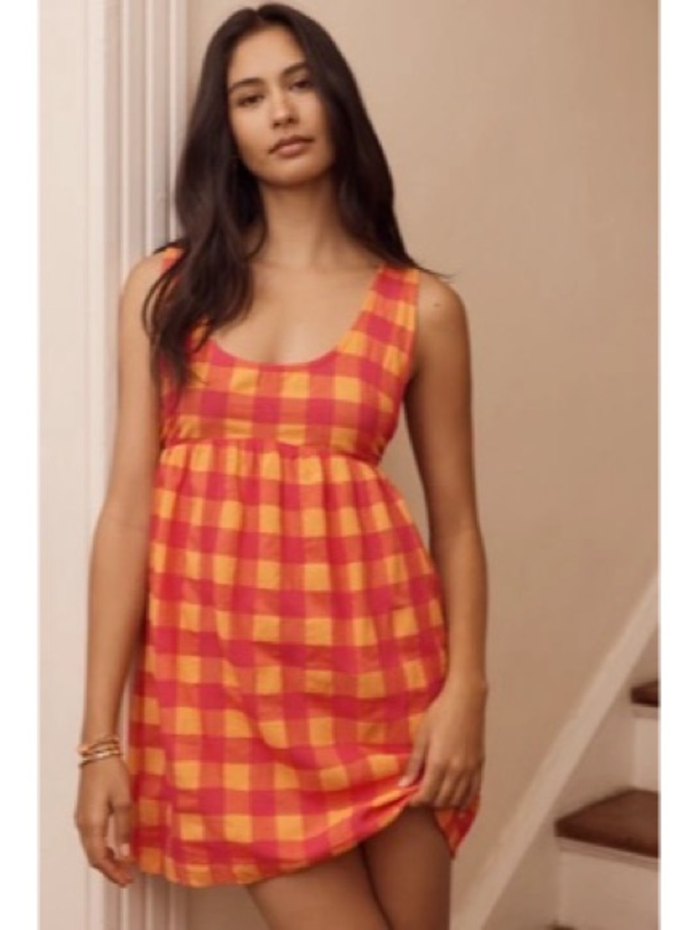 NWT By Anthropologie Apron Mini Nap Dress - Pink Orange Check - Picture 3 of 6